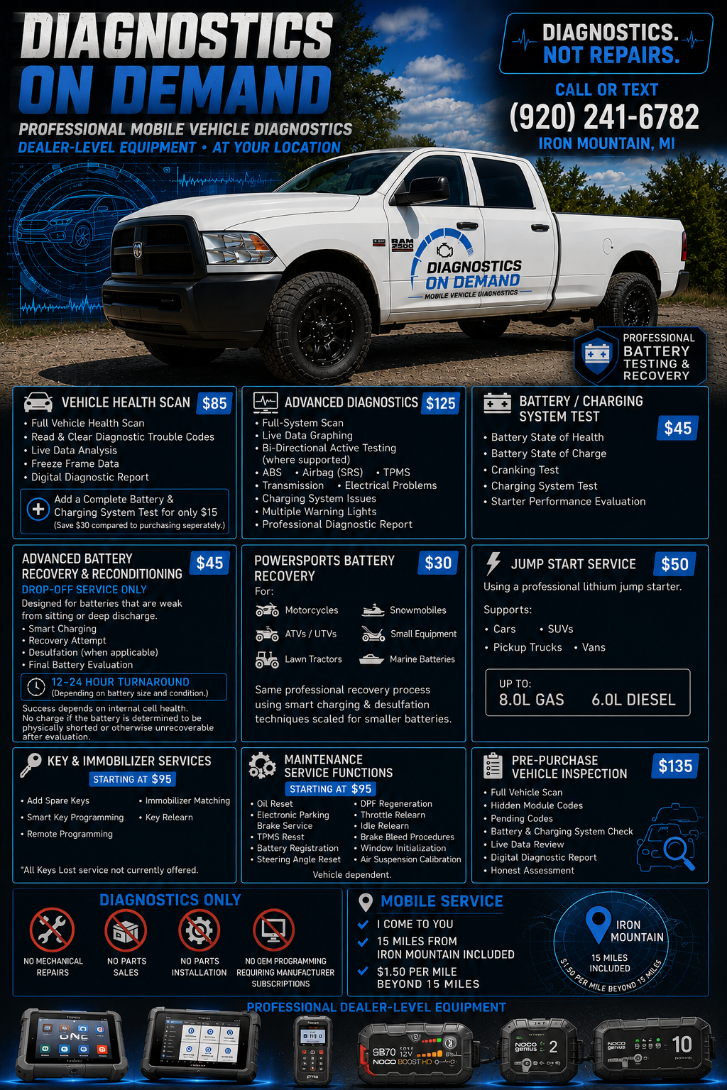 Diagnostics On Demand service menu and service truck